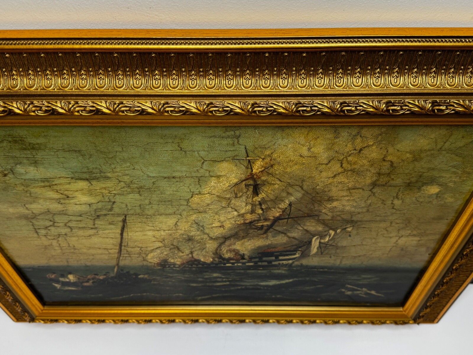 19th Century Oil Painting Sinking Of Hms Bombay Ship photo Art