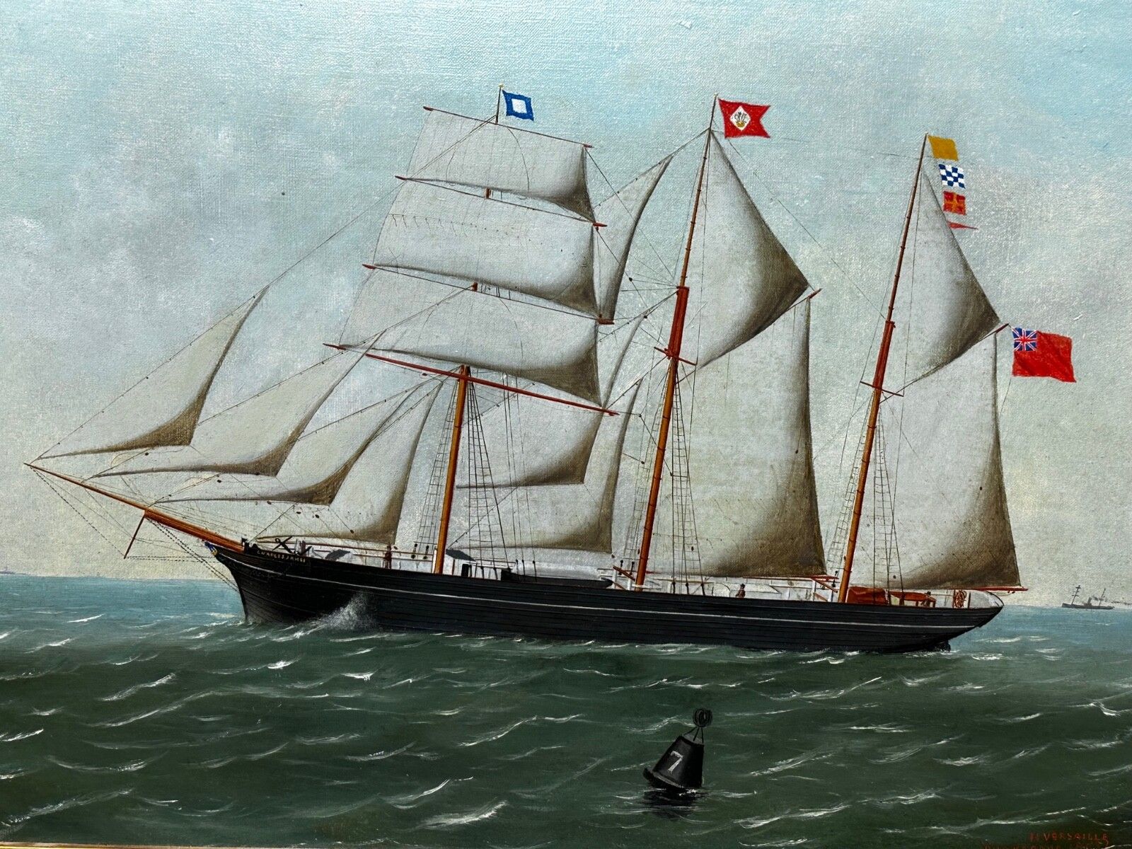 French Victorian Oil Painting Marine Barquentine Ship Charles James Off Dunkirk Signed By Henri Versailles photo furniture
