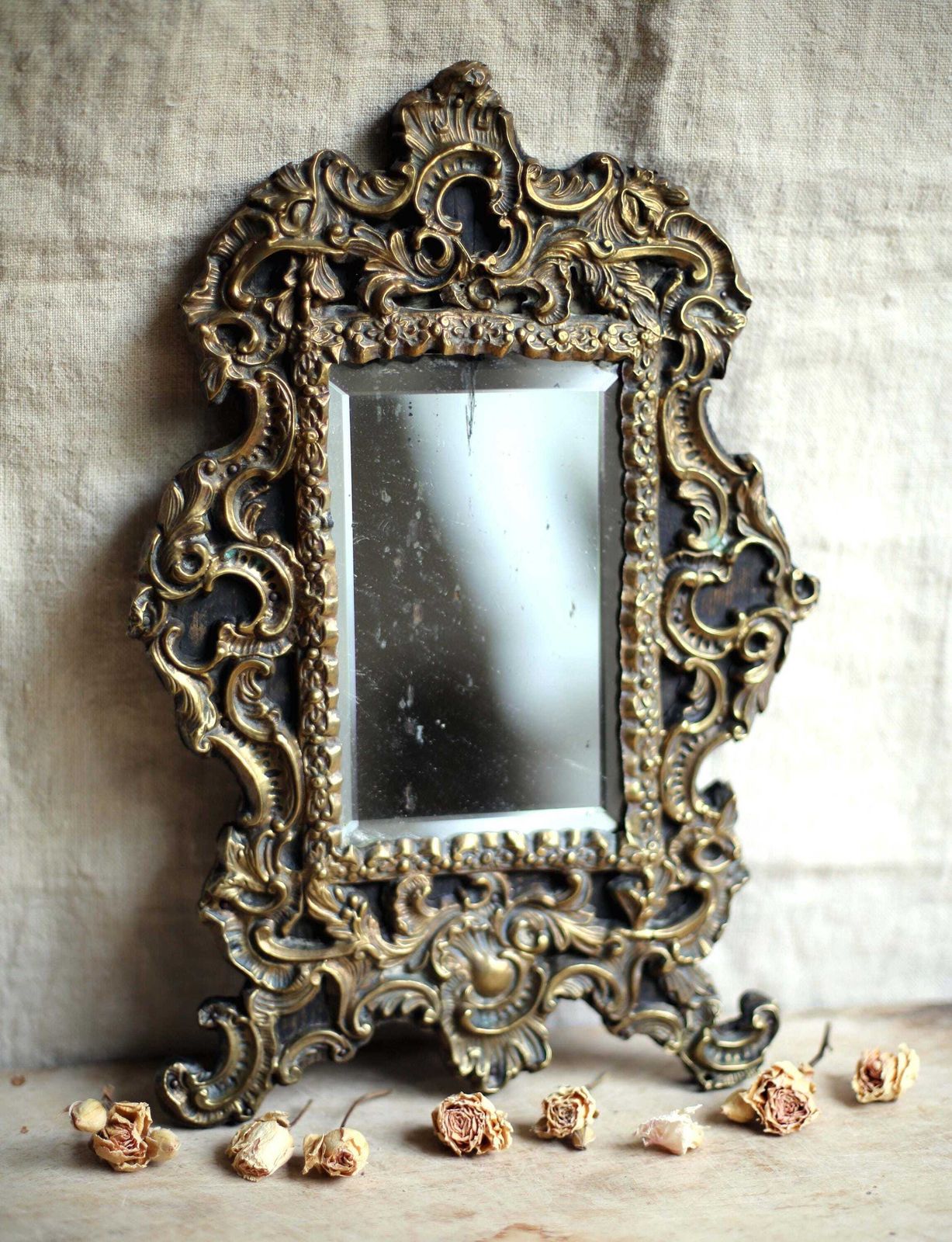 Antique French Repousse Brass Vanity Mirror For Dressing Table Napoleon III 1800s photo furniture