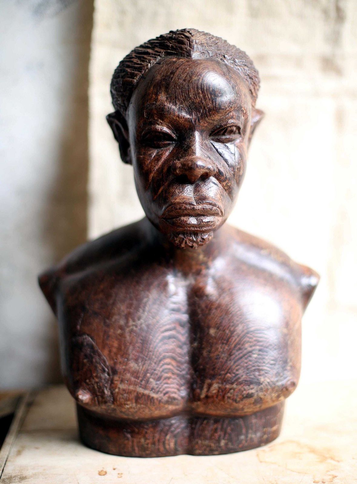 African Male Bust Carved Wooden Man From Gabon Art Signed Descorey photo Art
