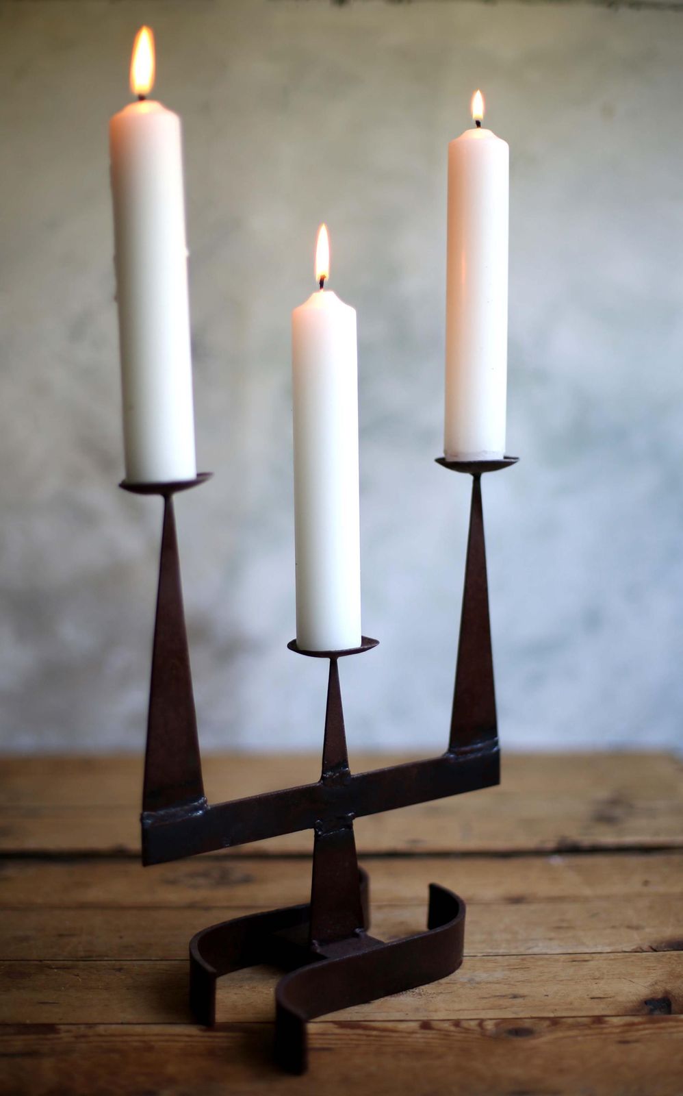 French Brutalist Wrought Iron Candlestick Gothic Candle Holder 3 Arm Candelabra