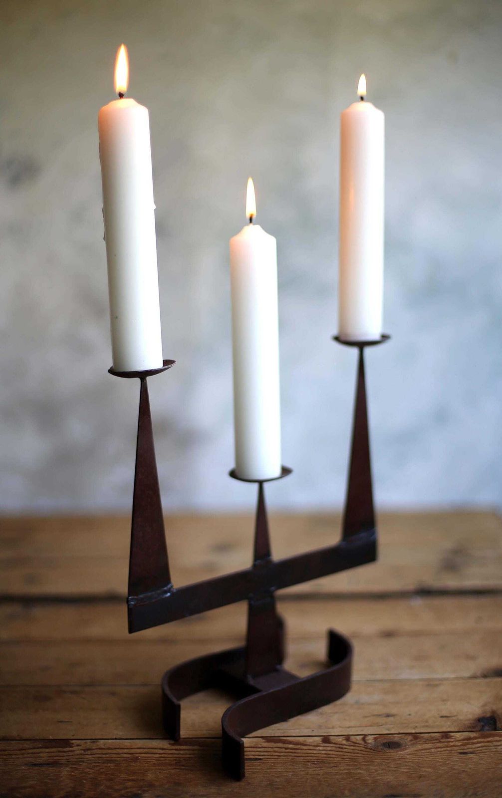 French Brutalist Wrought Iron Candlestick Gothic Candle Holder 3 Arm Candelabra photo vinterior