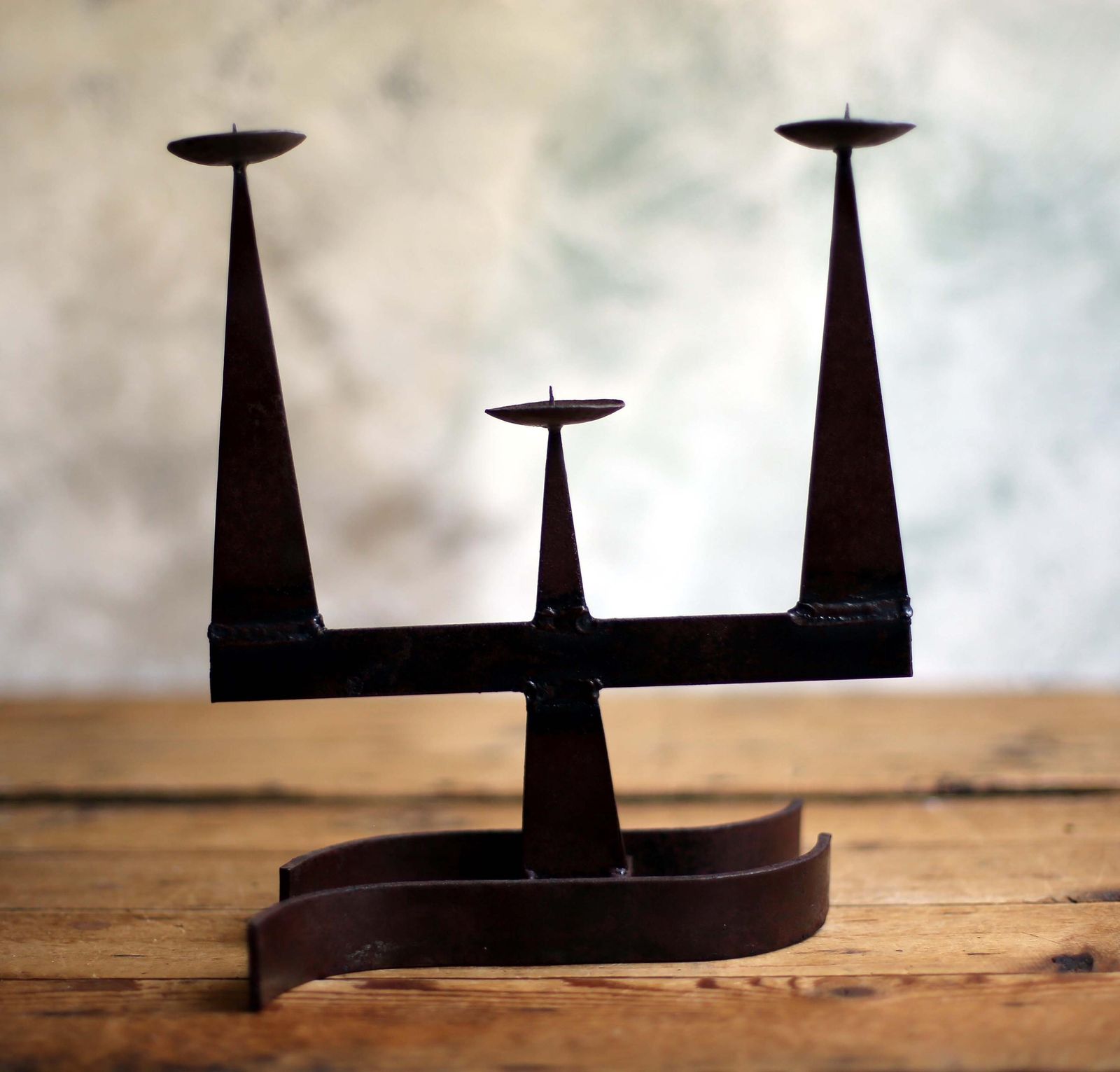 photo for sale French Brutalist Wrought Iron Candlestick Gothic Candle Holder 3 Arm Candelabra