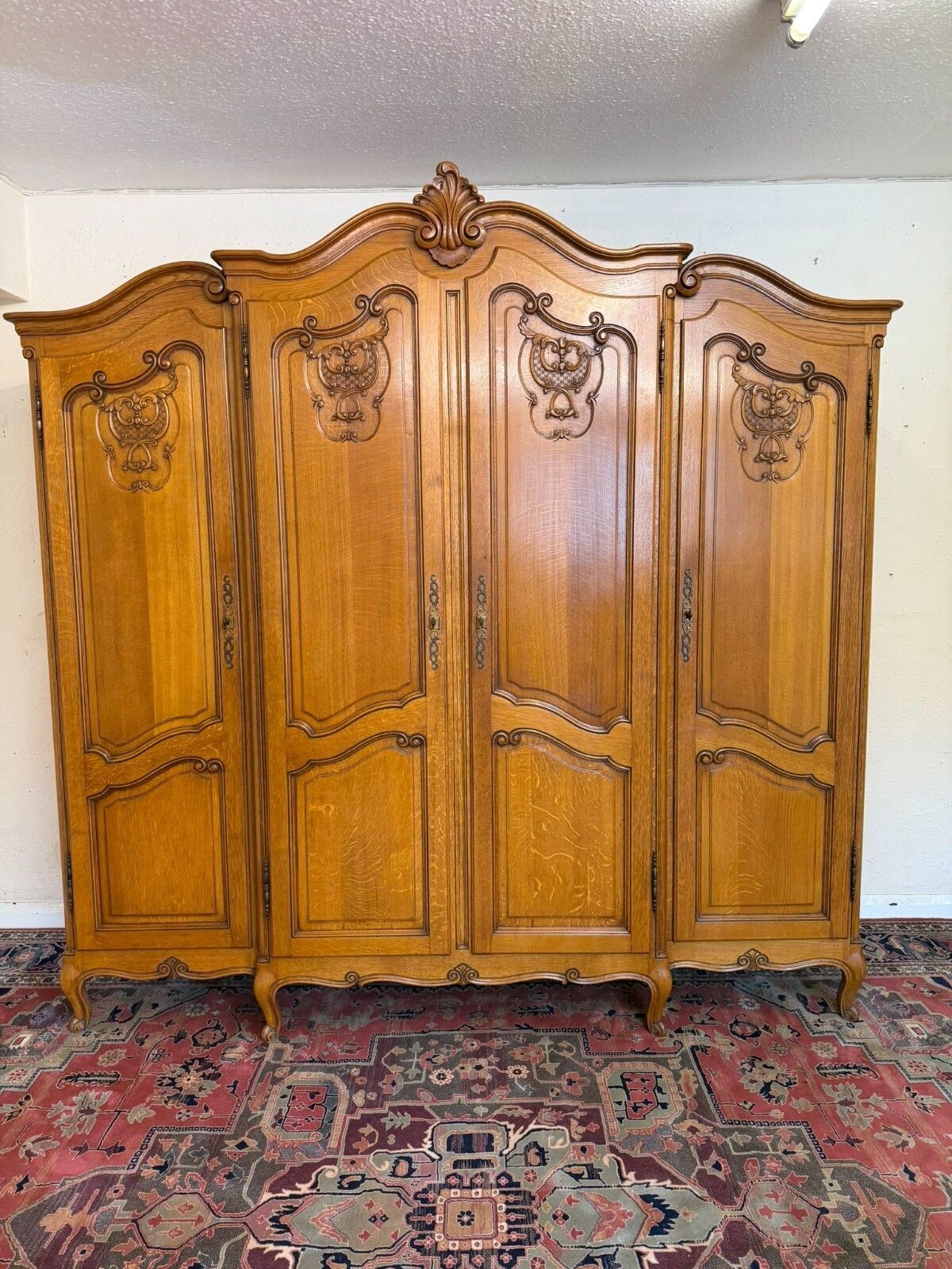 Quality French Carved Oak Four Door Brake Front Armoire/Wardrobe Circa 1950 photo furniture