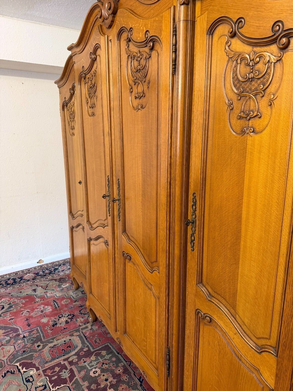 photo vinterior Quality French Carved Oak Four Door Brake Front Armoire/Wardrobe Circa 1950