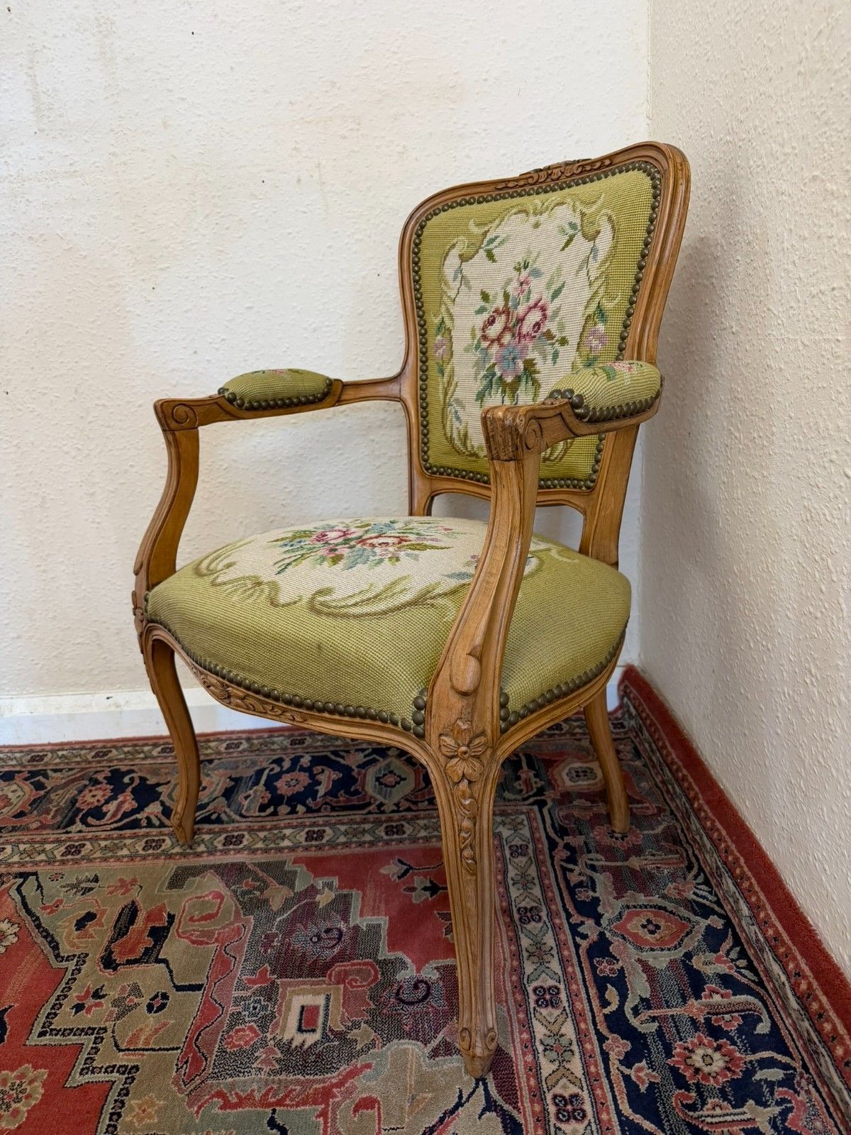 Elegant French Carved Walnut Needlepoint Armchair Circa 1930 photo Furniture