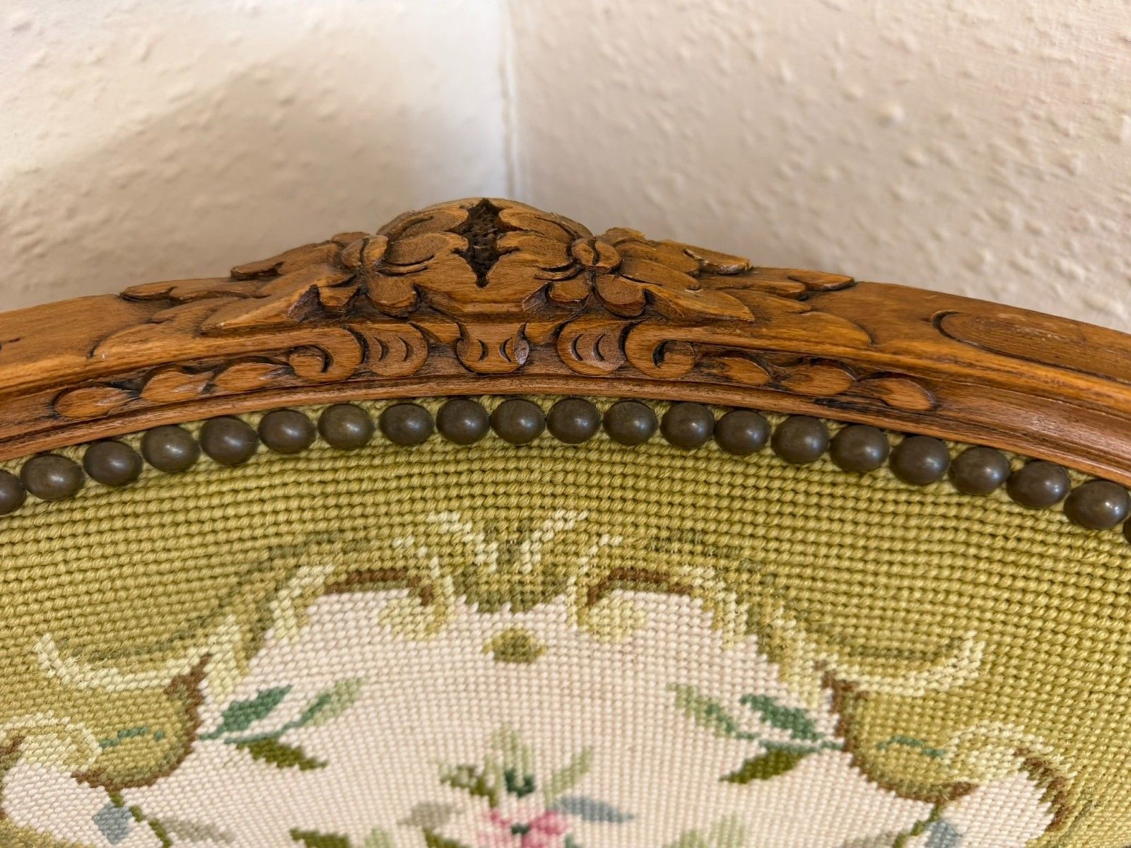 photo furniture Elegant French Carved Walnut Needlepoint Armchair Circa 1930