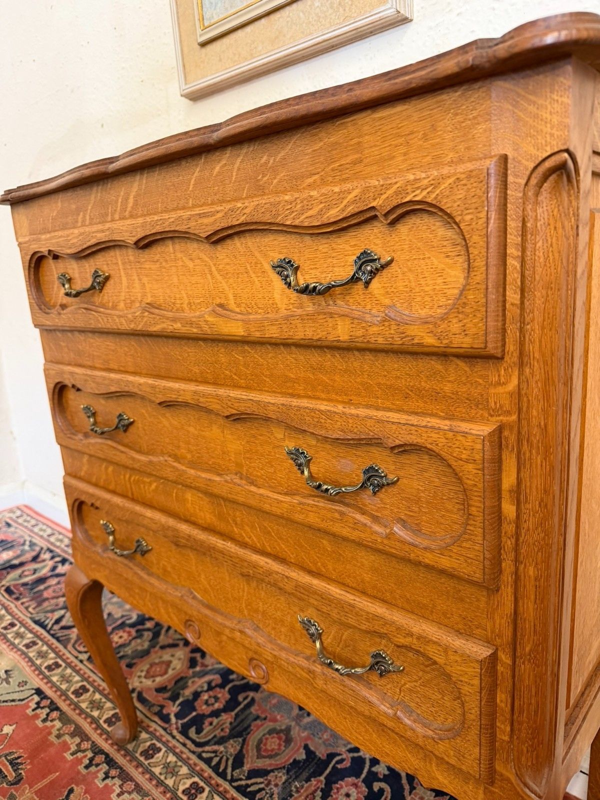 Elegant French Solid Oak Shaped Top Chest Of Three Drawers Circa 1950 photo 325.0