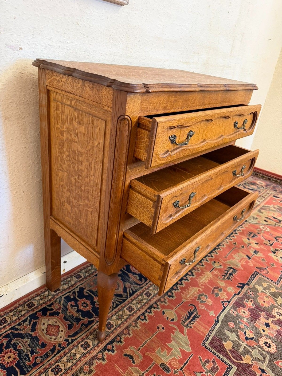 Elegant French Solid Oak Shaped Top Chest Of Three Drawers Circa 1950 photo vinterior