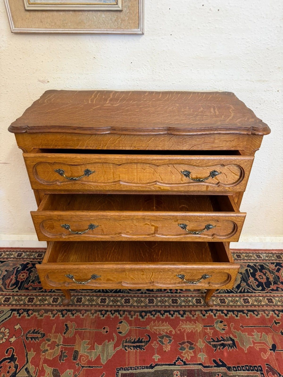 Elegant French Solid Oak Shaped Top Chest Of Three Drawers Circa 1950 photo buy