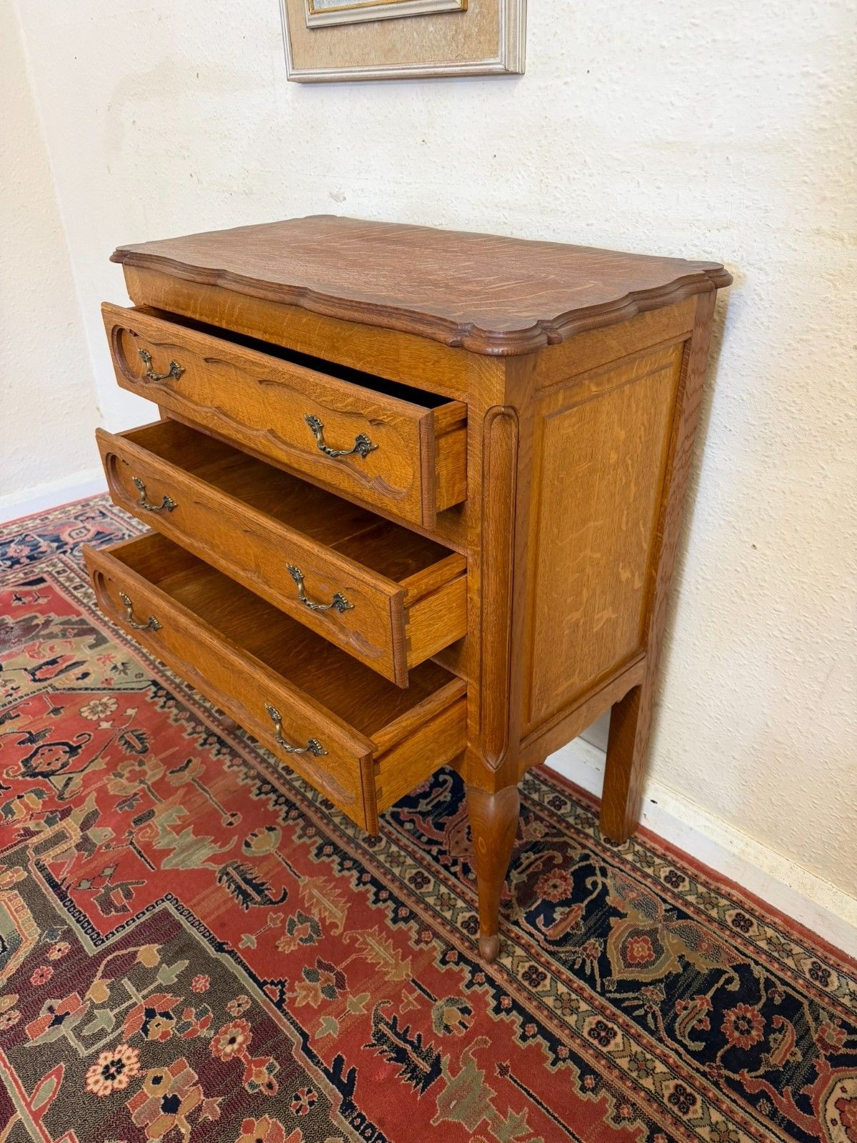 Elegant French Solid Oak Shaped Top Chest Of Three Drawers Circa 1950 photo vintage