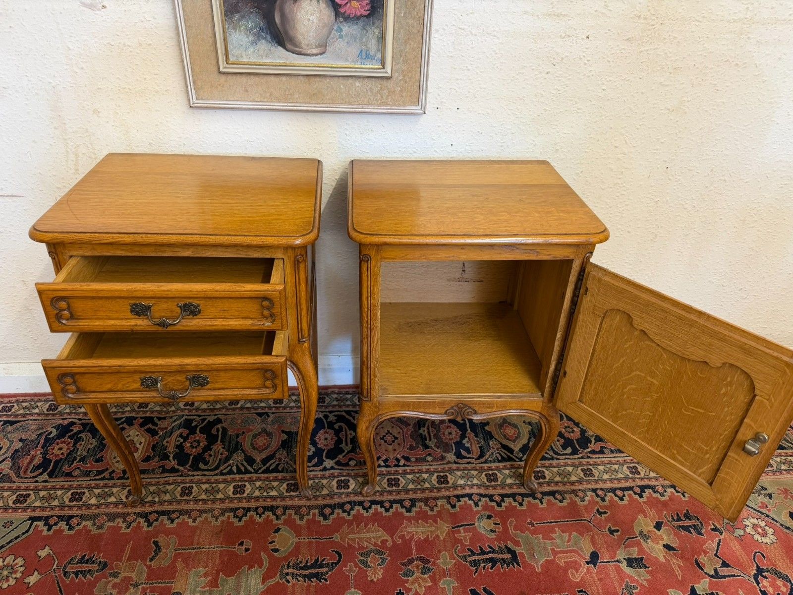 French Pair Of Carved Oak His And Hers Bedside Cabinets Circa 1950 photo vinterior