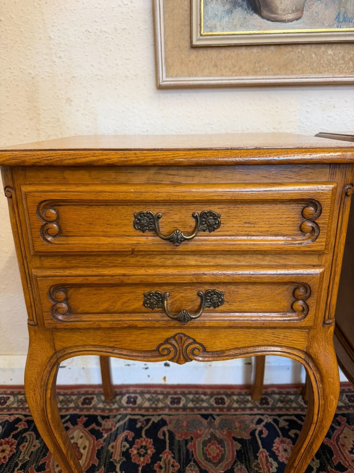 French Pair Of Carved Oak His And Hers Bedside Cabinets Circa 1950 photo vintage