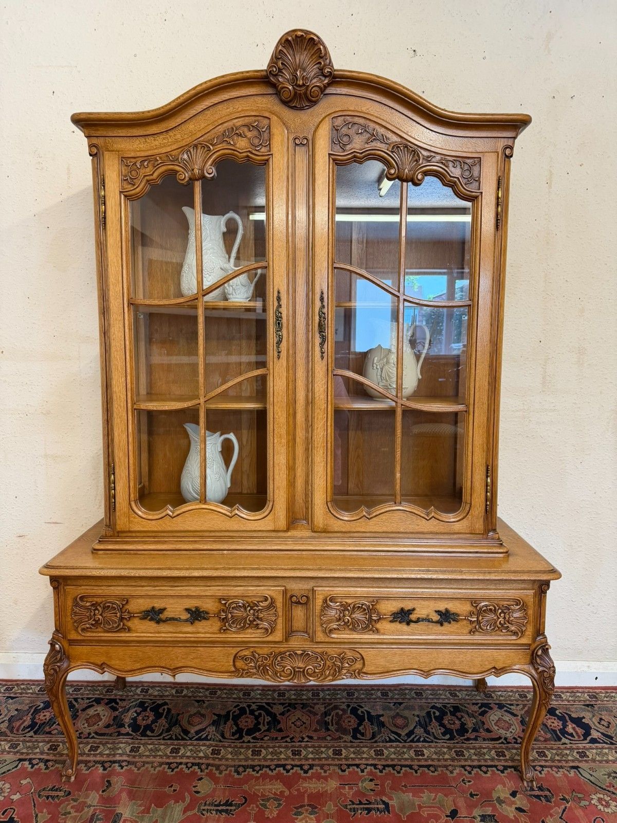 Antique French Carved Oak Glazed Cabinet Circa 1930