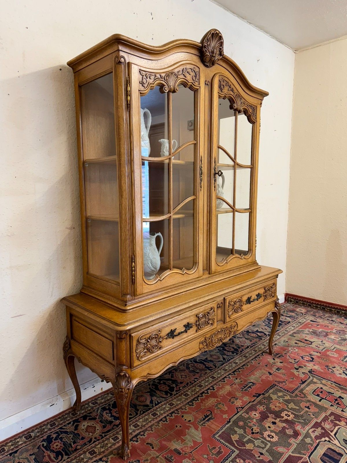Antique French Carved Oak Glazed Cabinet Circa 1930 photo furniture