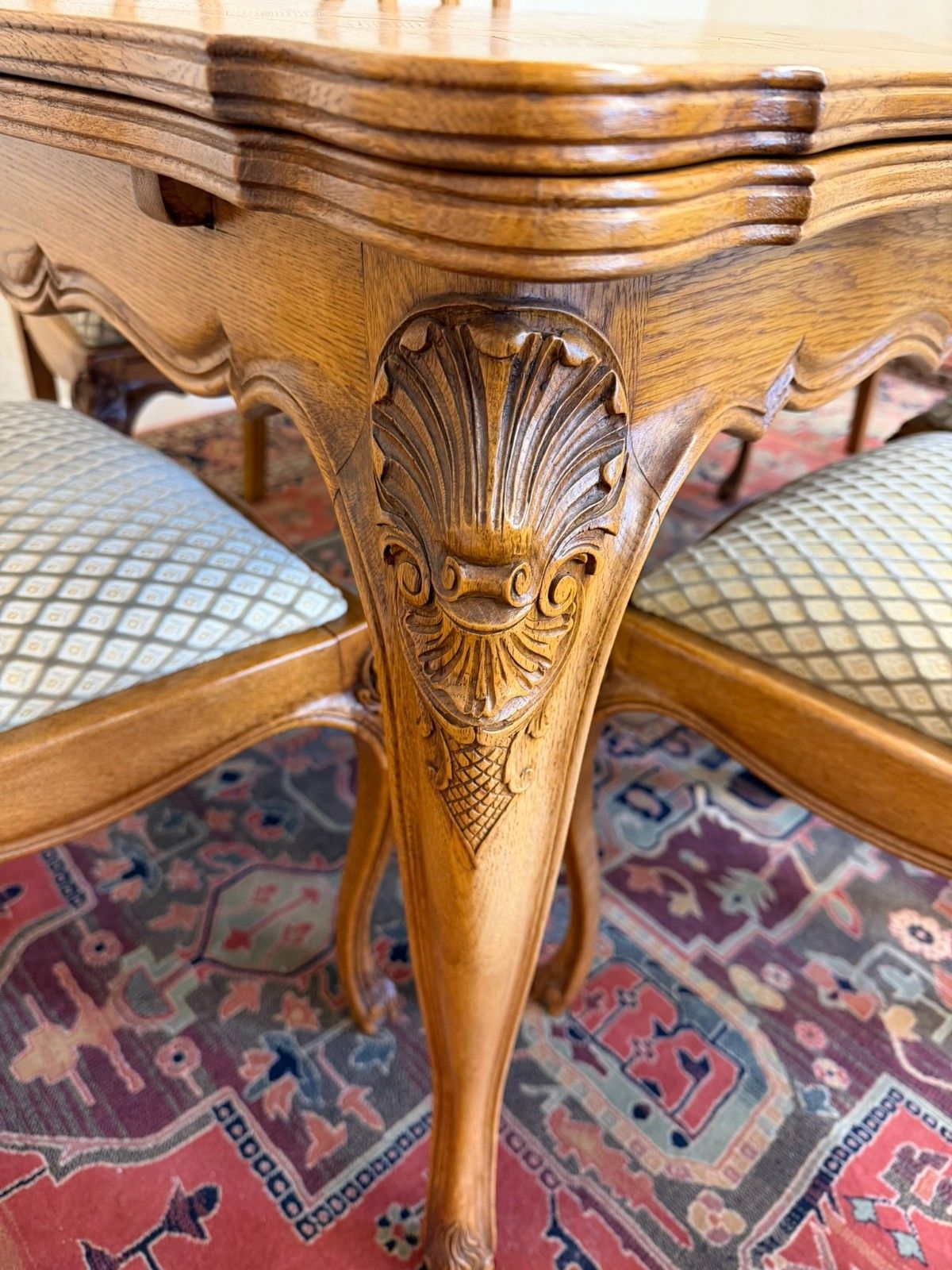 895.0 Antique French Carved Oak Parquetry Top Extending Table & Six Chairs Circa 1930 photo