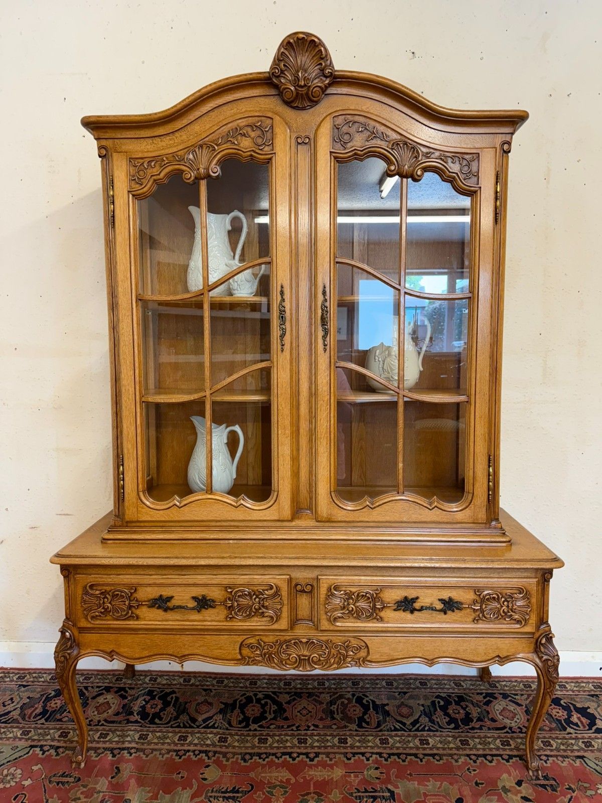 Antique French Carved Oak Glazed Cabinet Circa 1930 photo for sale