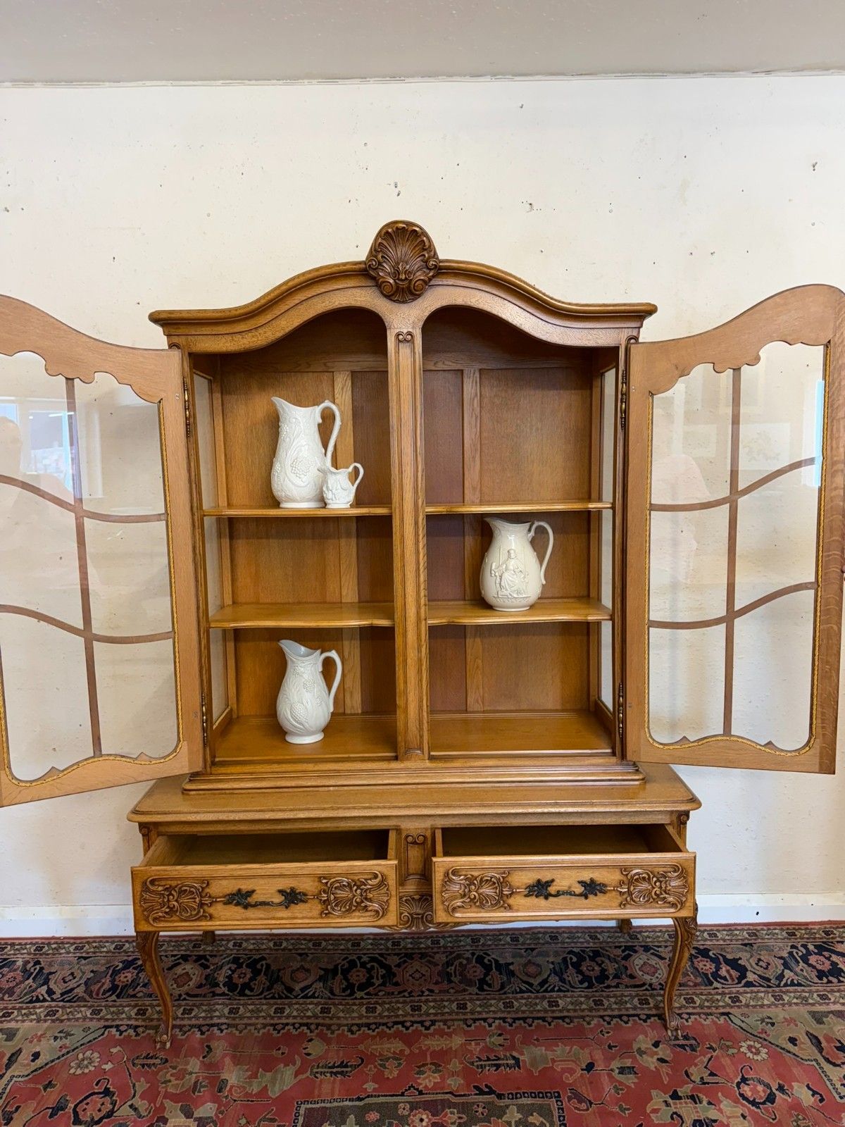 Antique French Carved Oak Glazed Cabinet Circa 1930 photo vinterior