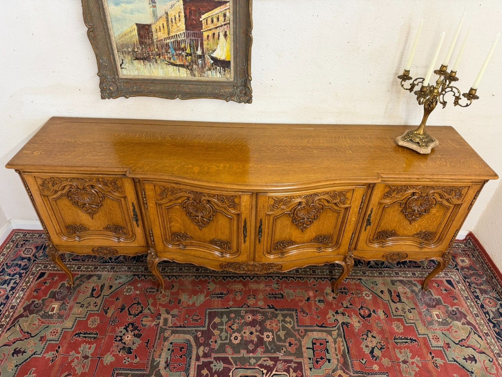 Antique French Shaped Carved Oak Four Door Enfilade/Credenza Circa 1930 photo vintage