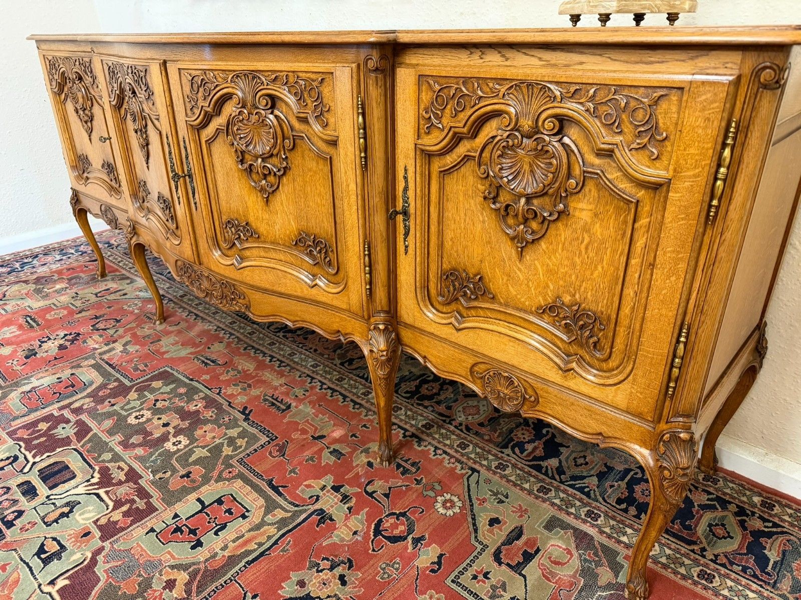 photo furniture Antique French Shaped Carved Oak Four Door Enfilade/Credenza Circa 1930