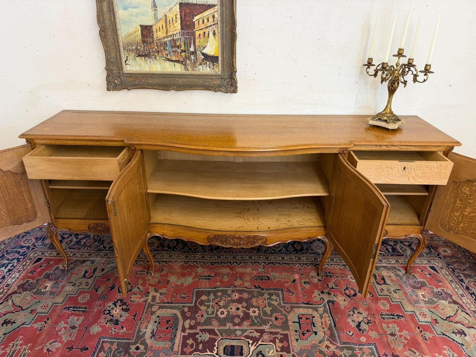 Furniture Antique French Shaped Carved Oak Four Door Enfilade/Credenza Circa 1930 photo