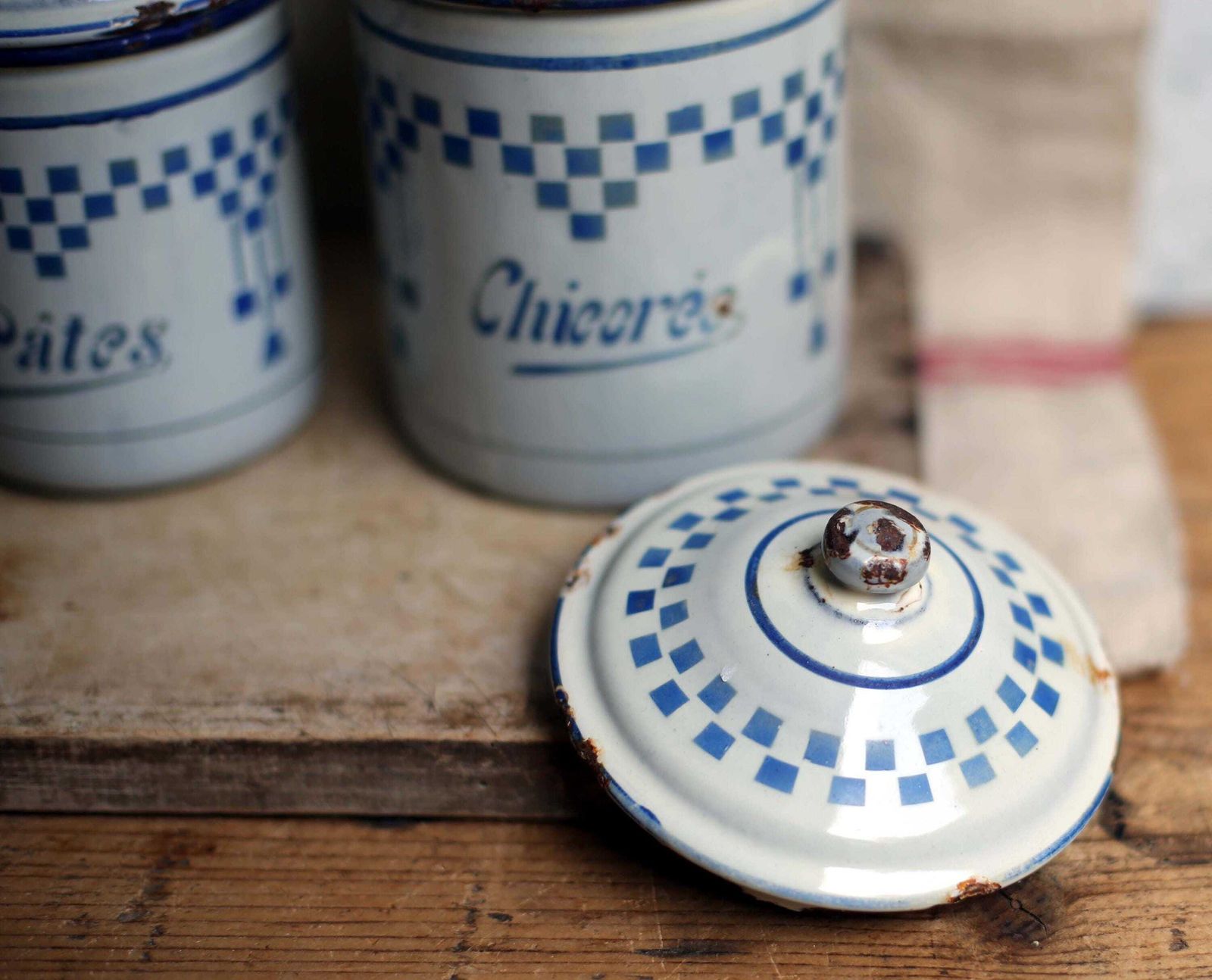 Set Of 4 Antique Enamel Canisters Lustucru Blue & White Art Deco Enamel Pots photo vintage