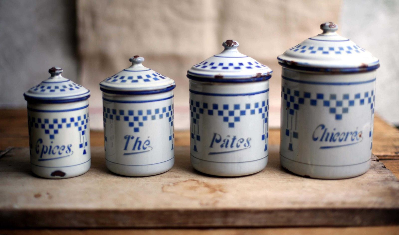 photo for sale Set Of 4 Antique Enamel Canisters Lustucru Blue & White Art Deco Enamel Pots