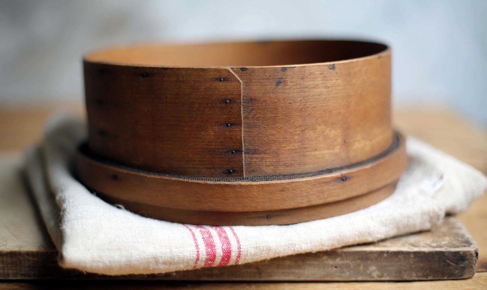 Antique French Wooden Sieve Bentwood Flour Round Dredger Kitchen Bakewear Sifter photo for sale