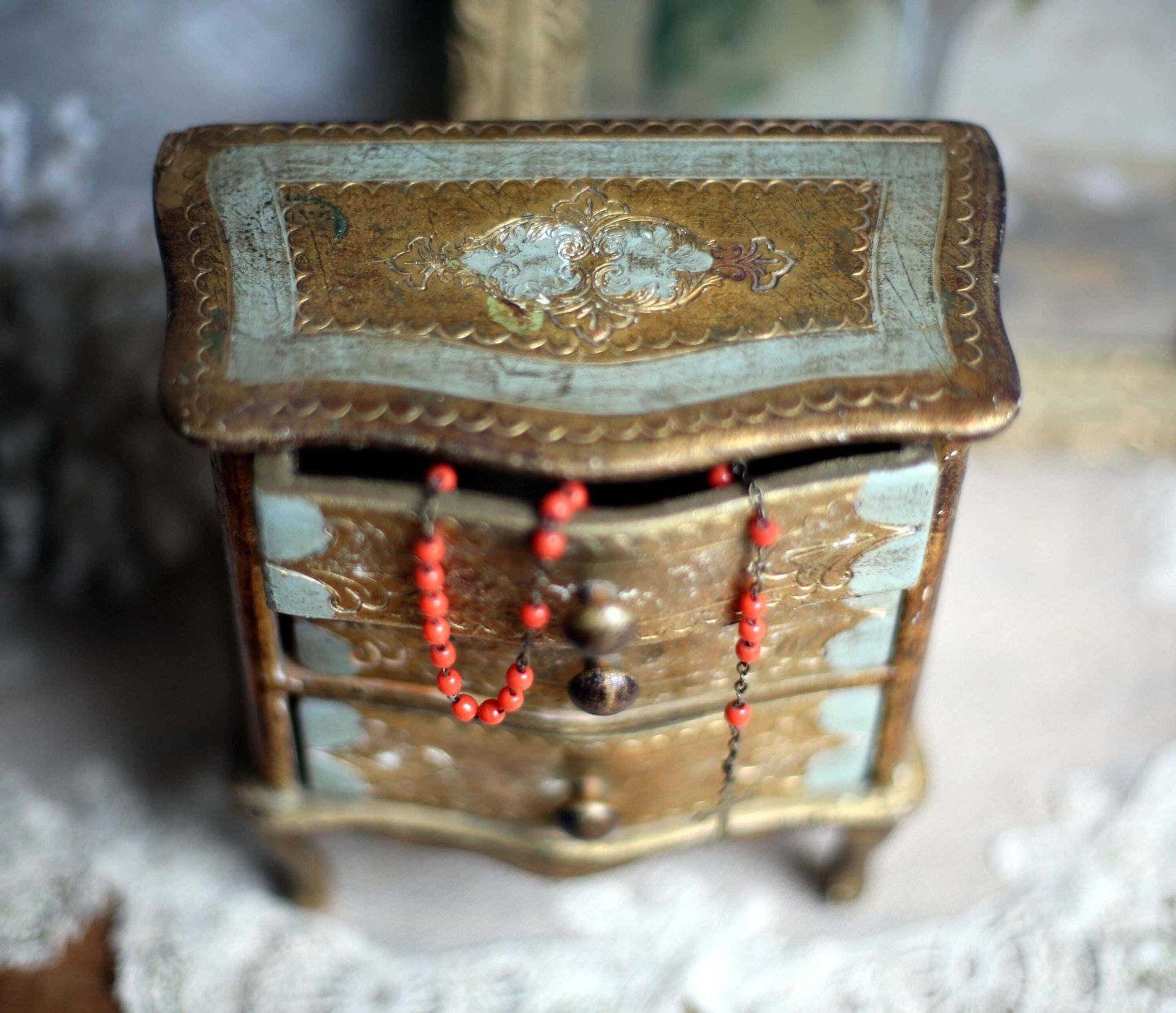 Antique Florentine Trinket Box Blue & Gold Miniature Chest Of Drawers Storage Jewelry Box photo vinterior