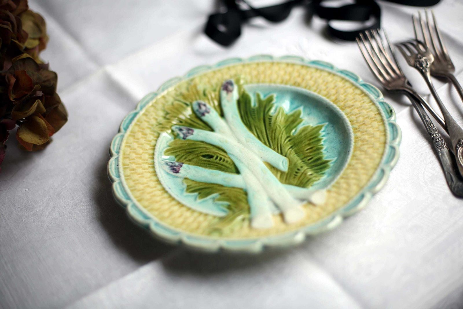 Antique Artichoke Plate Majolica French Asparagus Barbotine Serving Dish Salins