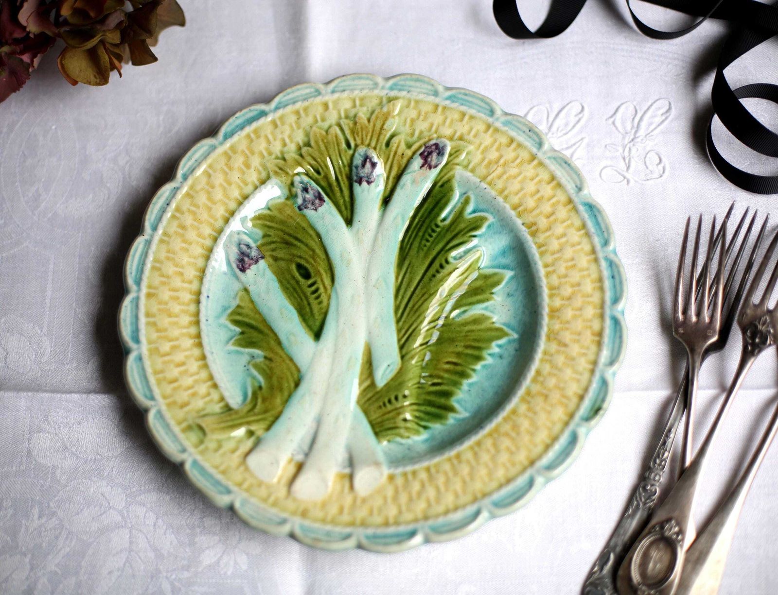 Antique Artichoke Plate Majolica French Asparagus Barbotine Serving Dish Salins photo furniture