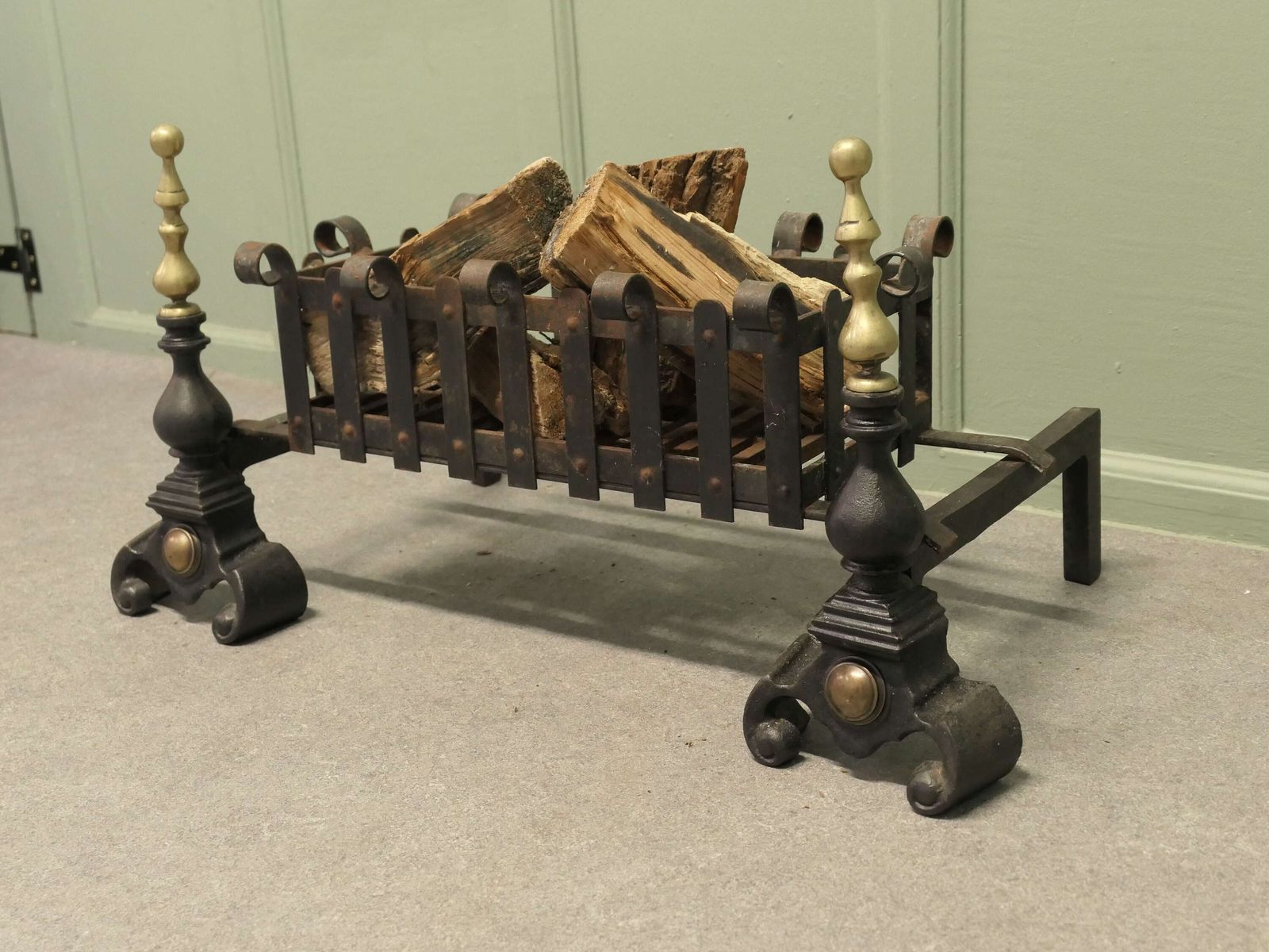 19th Century Inglenook Fire Grate On Andirons Forged Iron Log Grate photo for sale