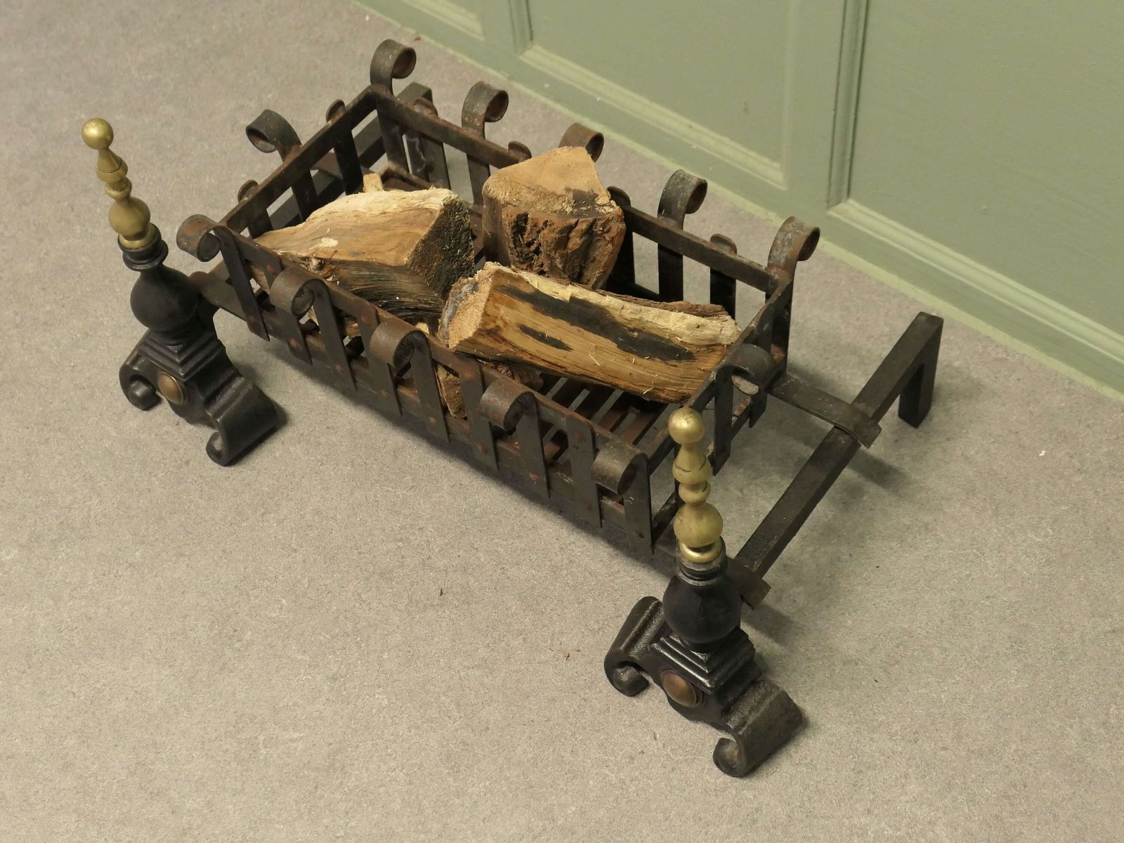 19th Century Inglenook Fire Grate On Andirons Forged Iron Log Grate photo vinterior