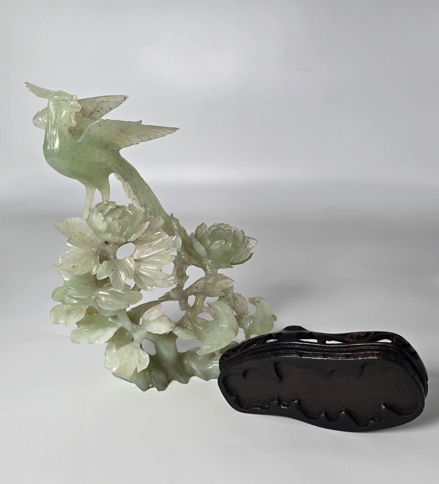 photo buy Vintage Chinese Pale Green Hand Carved Stone Group Of Birds C 1930