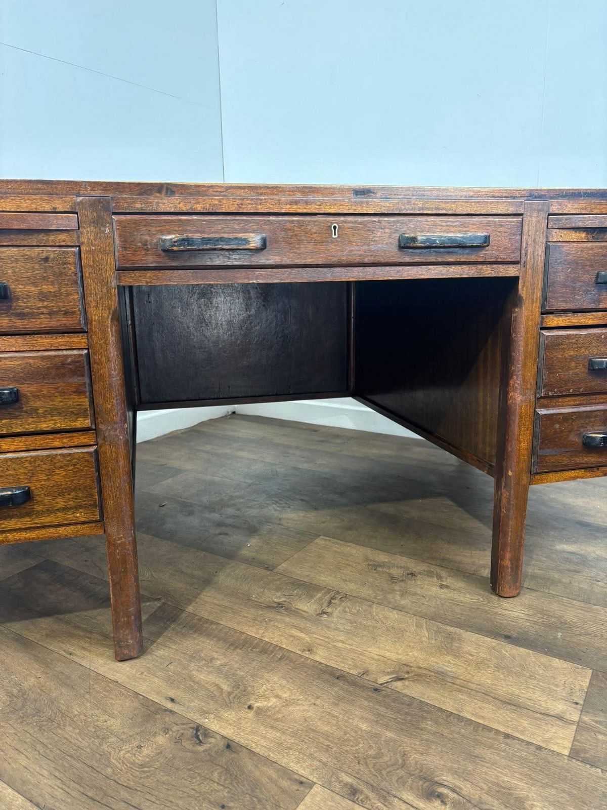 Mid Century Oak Kneehole Twin Pedestal Desk photo 449.0