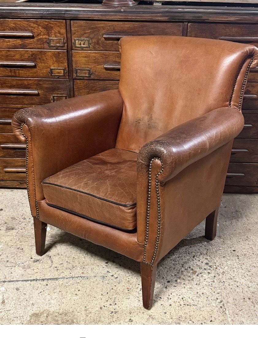 Vintage Tan Leather Armchair – Studded Detail, Aged Patina Single Chair photo furniture