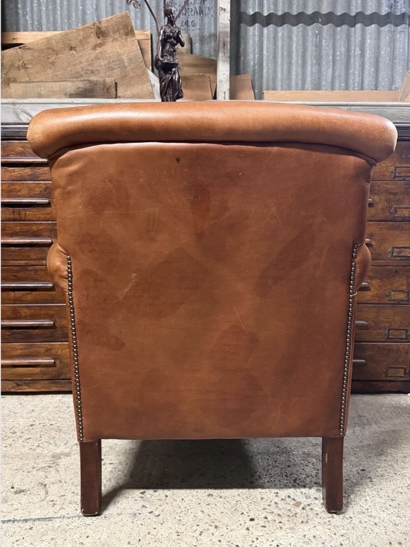 Vintage Tan Leather Armchair – Studded Detail, Aged Patina Single Chair photo Furniture