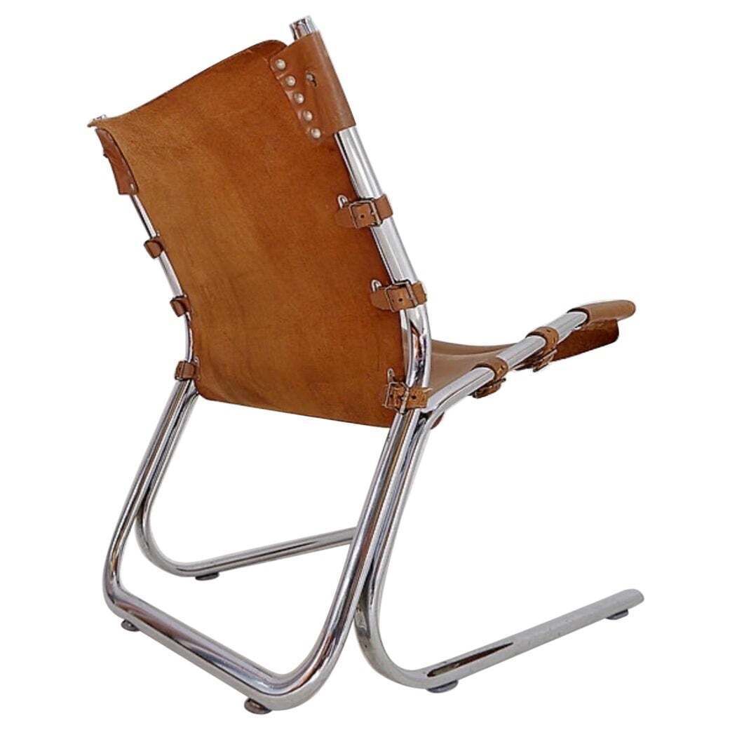 Mid Century Leather And Chrome Tubular Lounge Sling Chair, 1960s