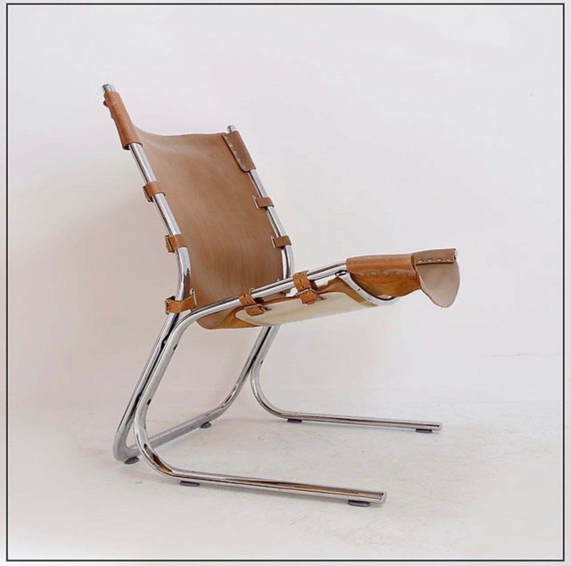 Mid Century Leather And Chrome Tubular Lounge Sling Chair, 1960s photo furniture