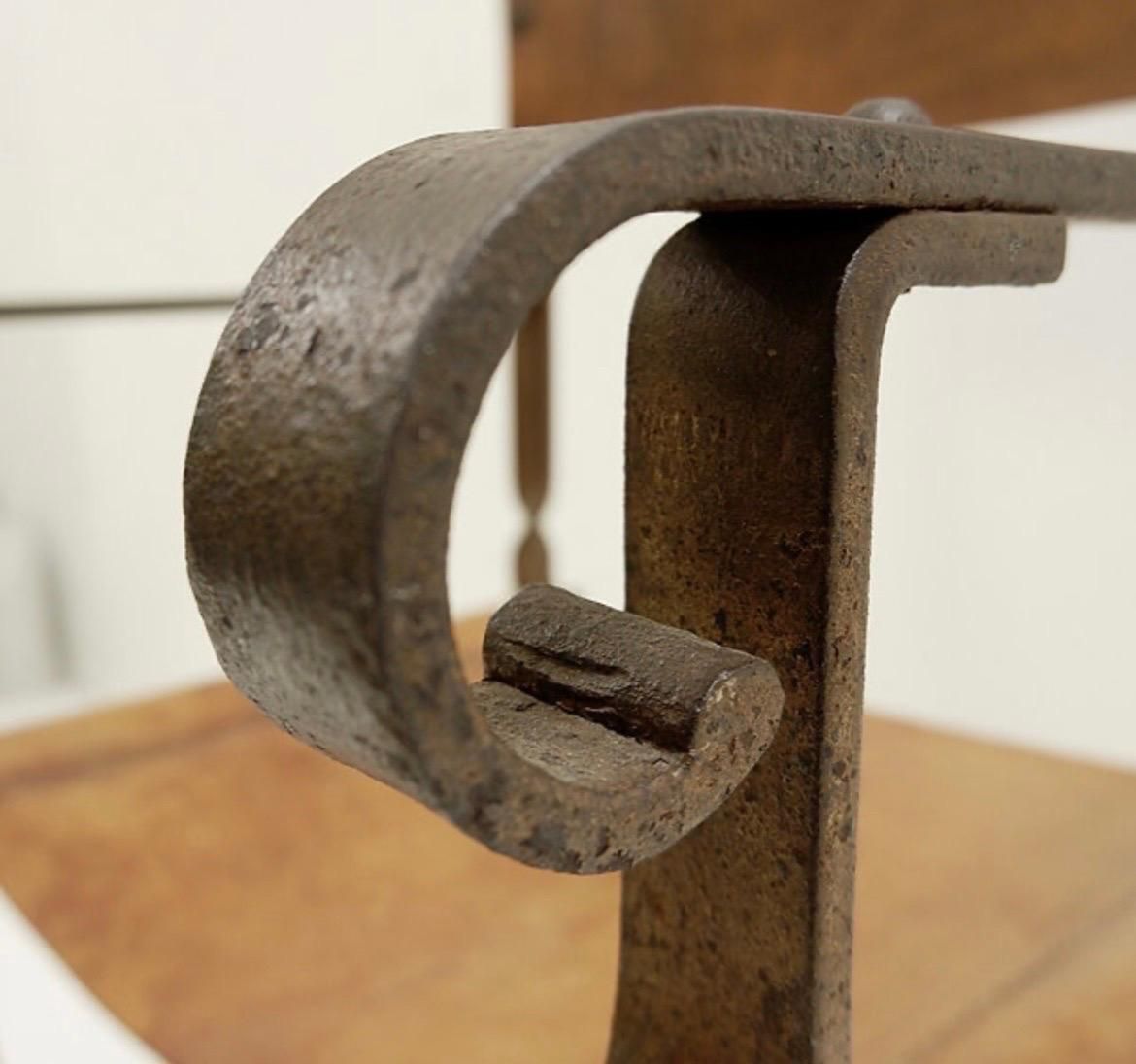 photo for sale Brutalist Curule Armchair In Wrought Iron And Leather, Antique, 1950