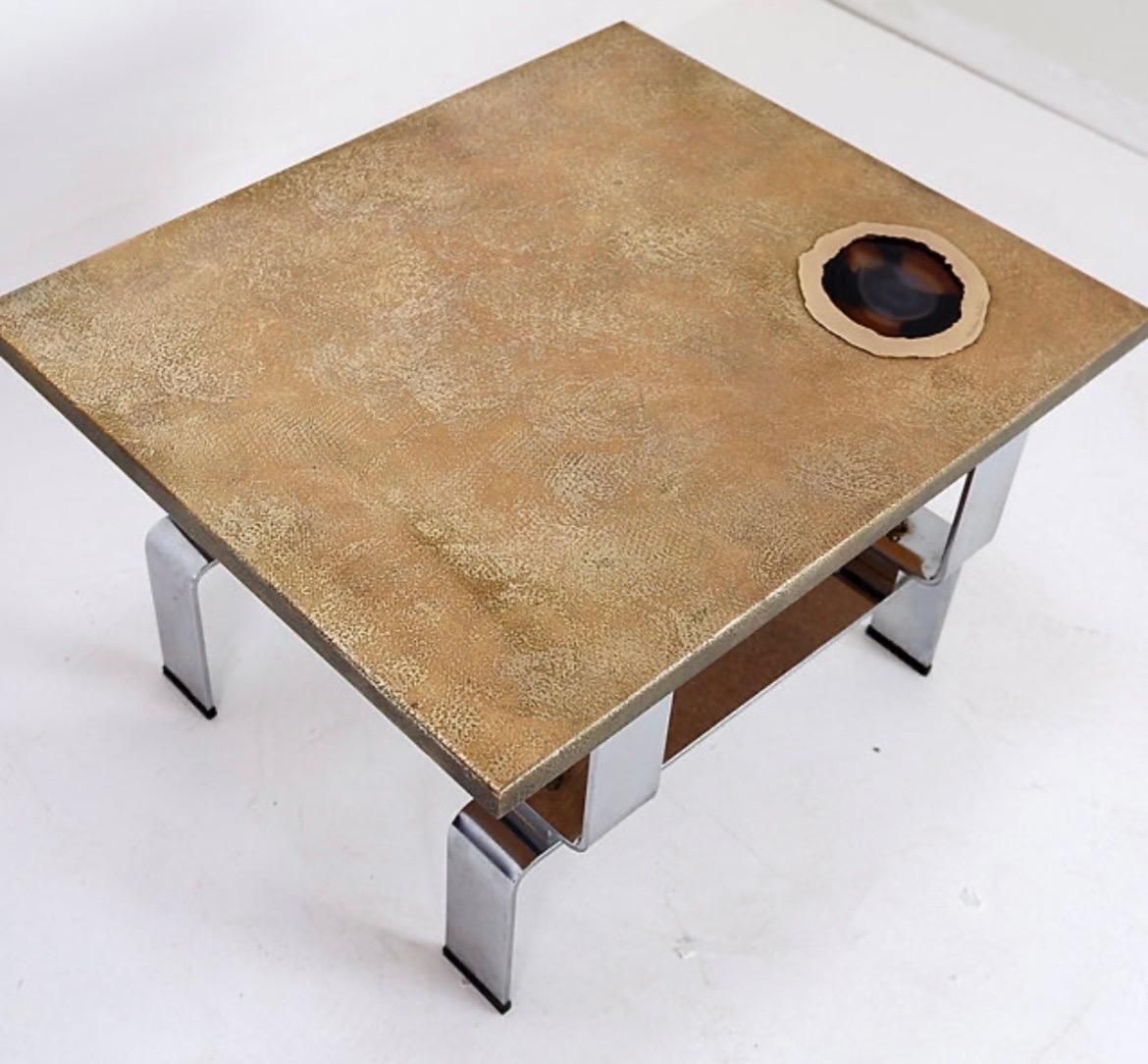 Acid Etched Brass Coffee Table Top By Christian Krekels With An Agate Stone   1980s photo Furniture