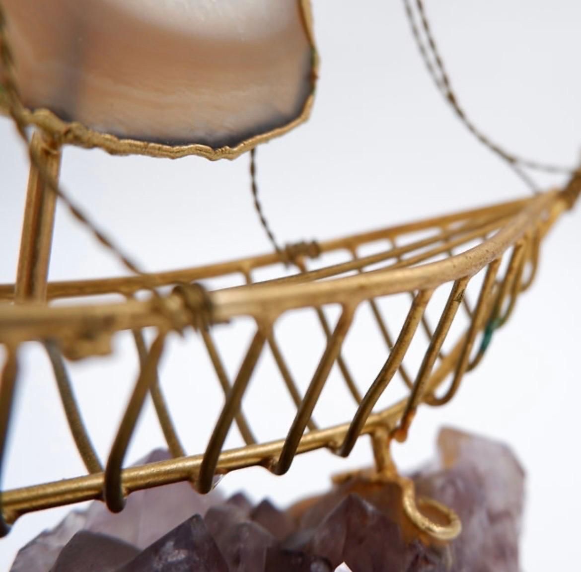 photo furniture Mid Century Modern Brass Sailboat Sculpture On Amethyst Base, 1980