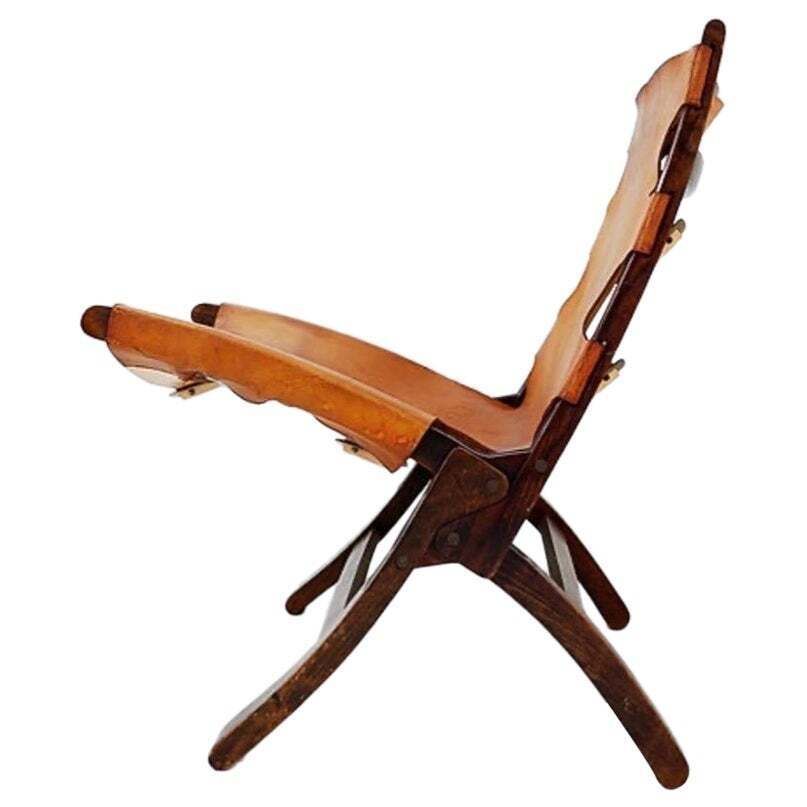 Mid Century Leather And Wood Folding Armchair, 1950s