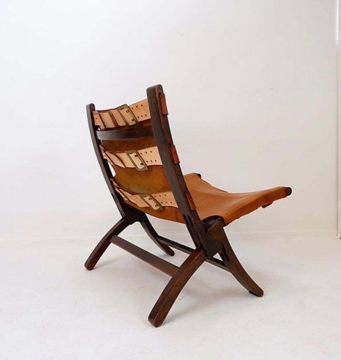 Mid Century Leather And Wood Folding Armchair, 1950s photo vinterior