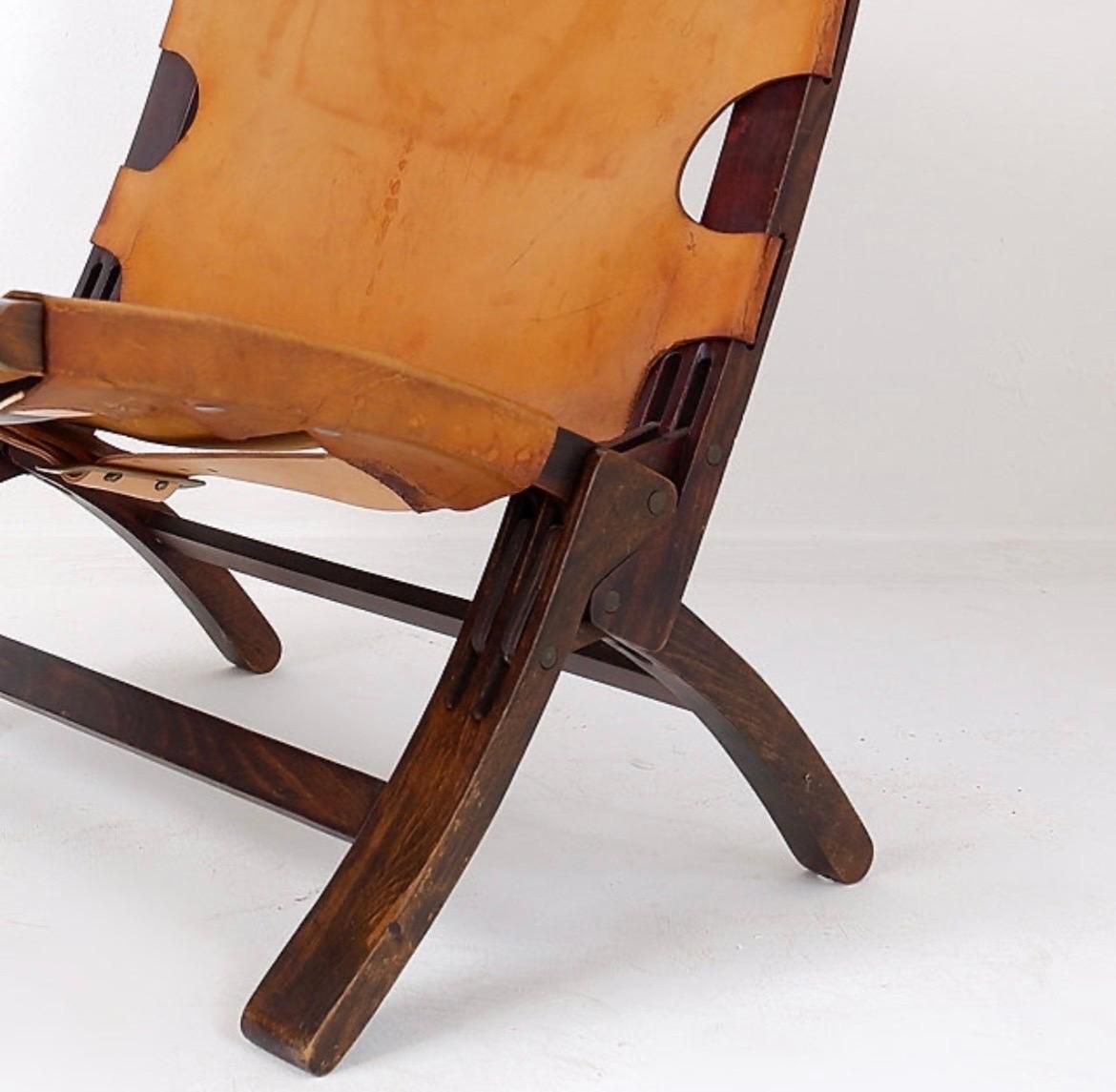 1950.0 Mid Century Leather And Wood Folding Armchair, 1950s photo