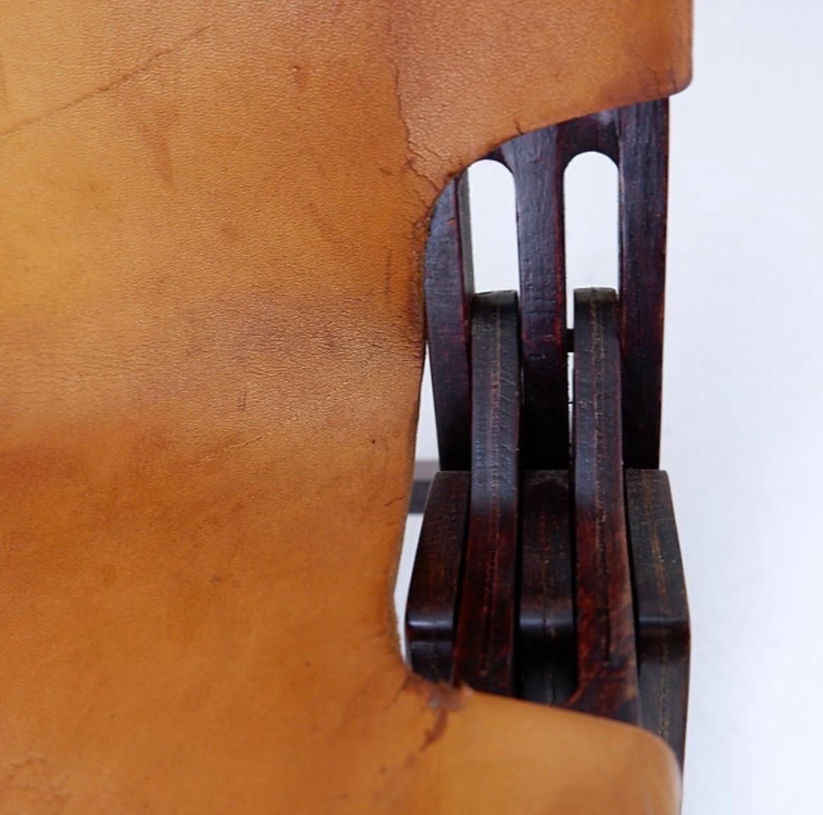 photo vinterior Mid Century Leather And Wood Folding Armchair, 1950s