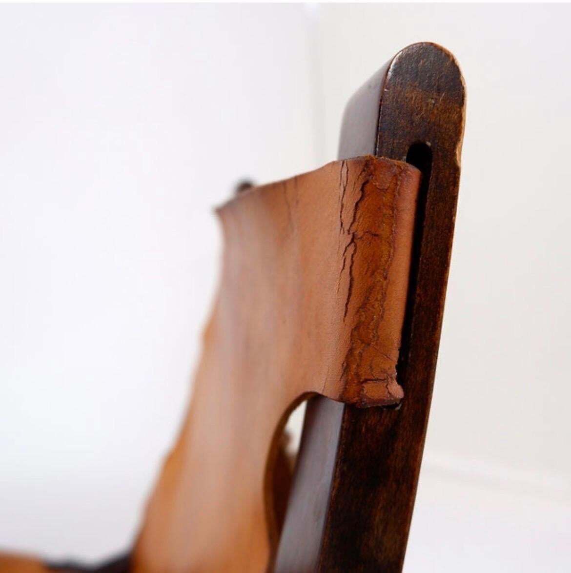 photo buy Mid Century Leather And Wood Folding Armchair, 1950s