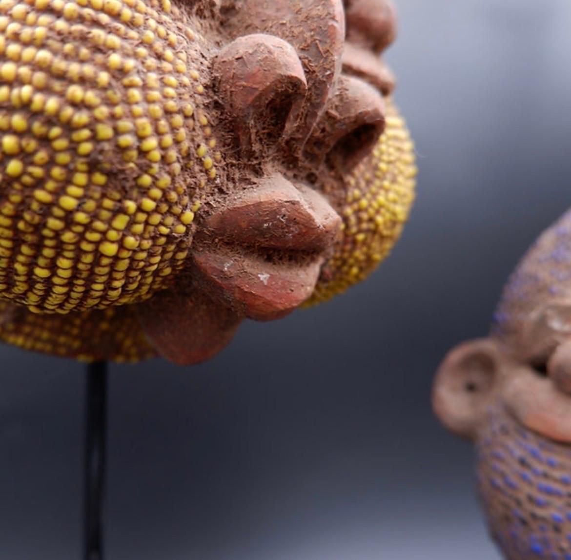Pair Of African Terracotta And Pearl Heads, Late 20th Century Art photo for sale