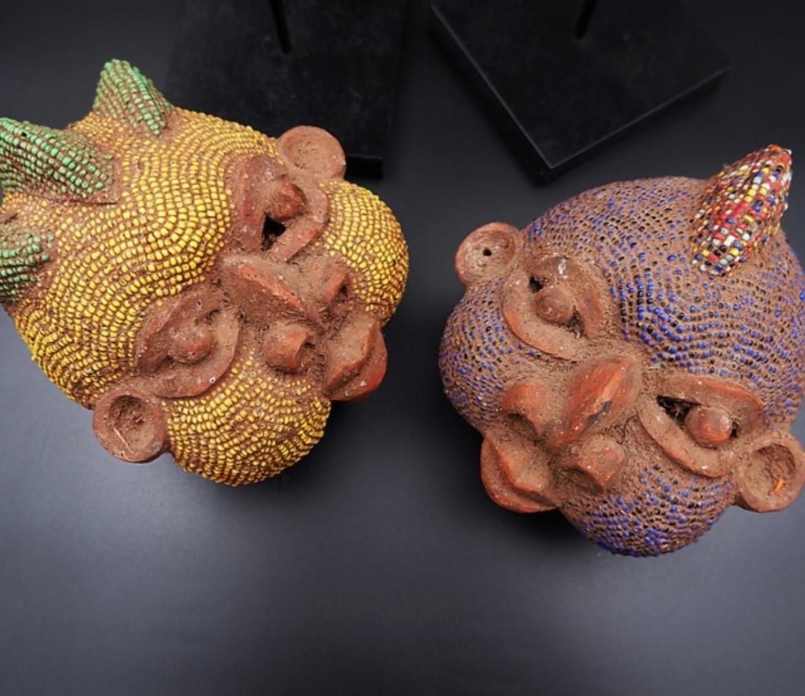 Pair Of African Terracotta And Pearl Heads, Late 20th Century Art photo Art
