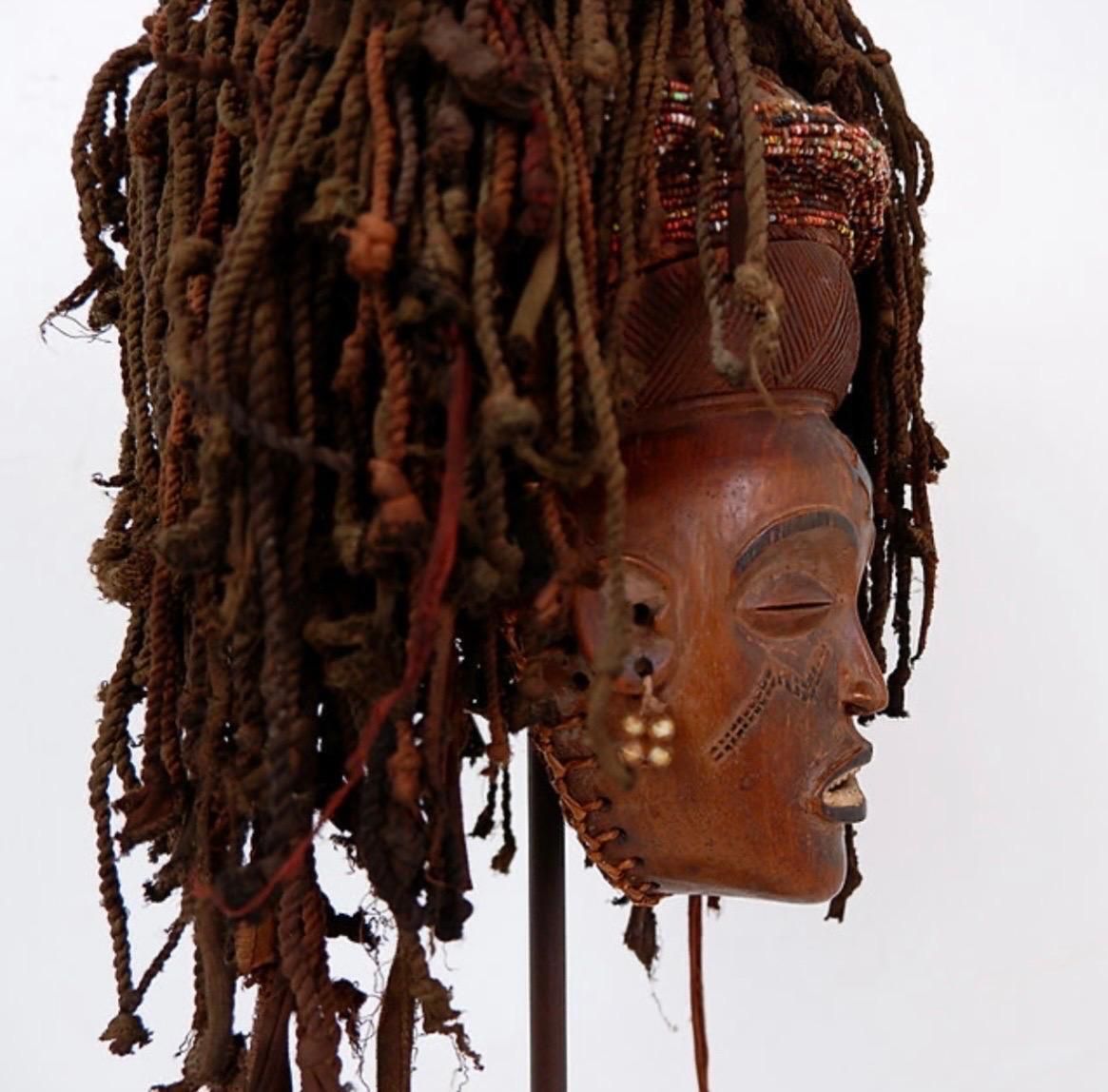 African Mask Sculpture On Base, Hardwood And Cord, Tribal Decor, 1990s photo furniture